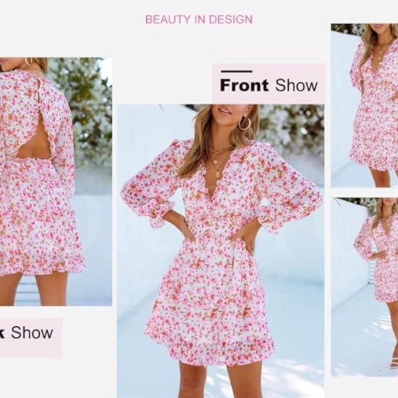 Women's Floral Deep V Neck Ruffle Flowing Short Dress - Picture 3 of 10